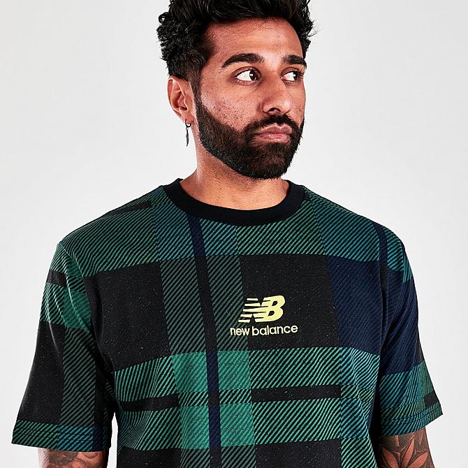 On Model 6 view of Men's New Balance Athletics Black Watch T-Shirt in Green/Black Click to zoom