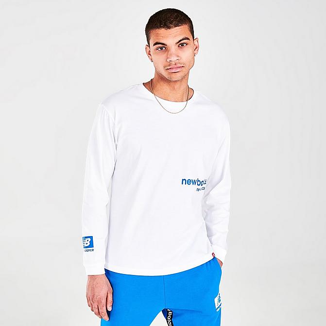 Front view of Men's New Balance Essentials Winterized Long Sleeve T-Shirt in White Click to zoom
