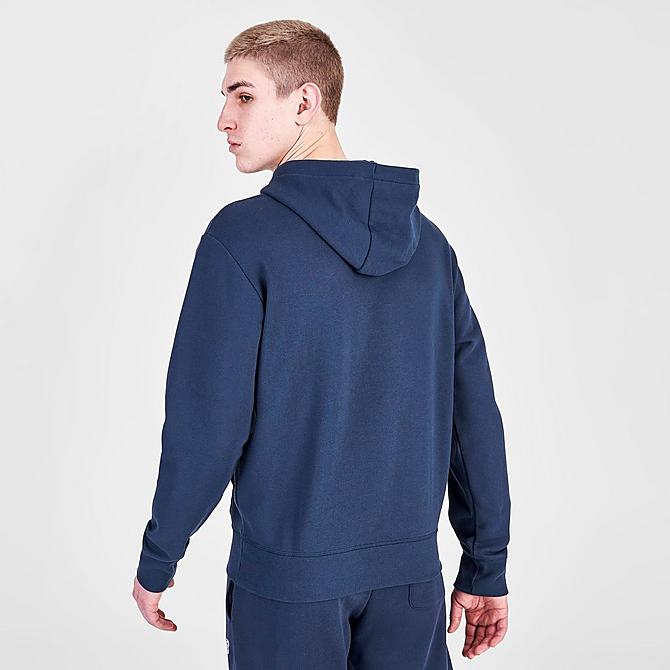 Back Right view of Men's New Balance NB Essentials Metallic Pullover Hoodie in Navy Click to zoom