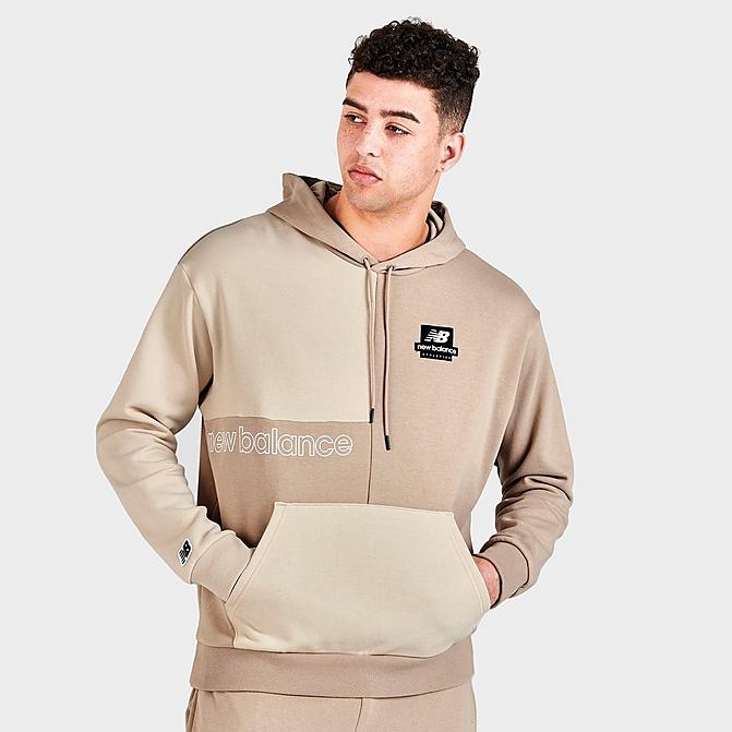 Front view of Men's New Balance Athletics Renew Askew Pullover Hoodie in Khaki/Tan Click to zoom