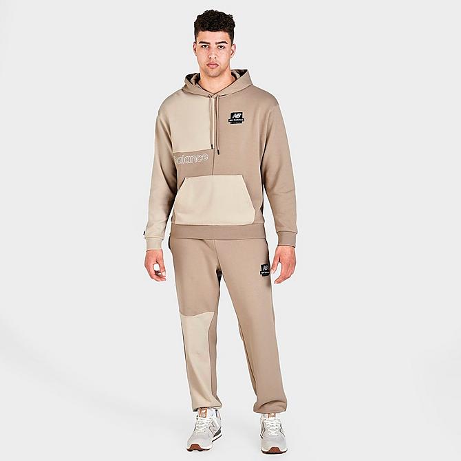 Front Three Quarter view of Men's New Balance Athletics Renew Askew Pullover Hoodie in Khaki/Tan Click to zoom
