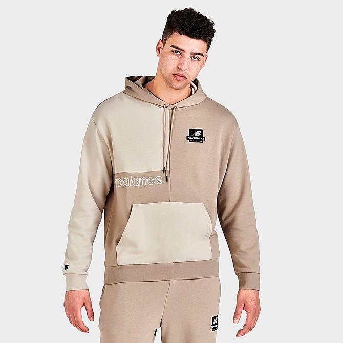 Back Left view of Men's New Balance Athletics Renew Askew Pullover Hoodie in Khaki/Tan Click to zoom