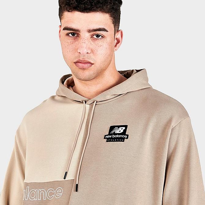 On Model 5 view of Men's New Balance Athletics Renew Askew Pullover Hoodie in Khaki/Tan Click to zoom