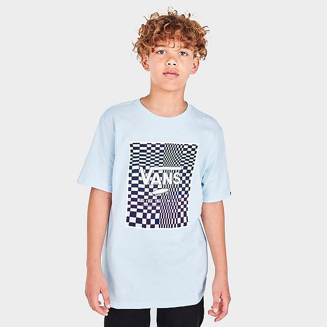 Front view of Boys' Vans Print Box Back Hit T-Shirt in Ballad Blue/Skewed Checkerboard Click to zoom