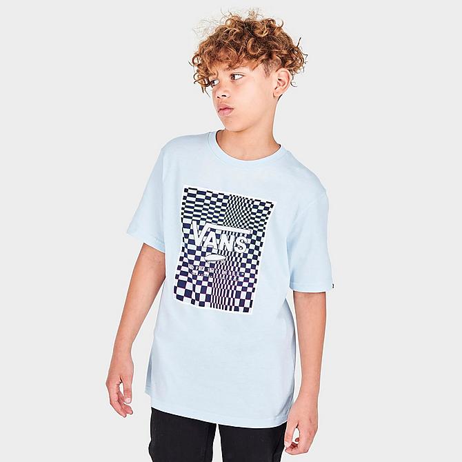 Back Left view of Boys' Vans Print Box Back Hit T-Shirt in Ballad Blue/Skewed Checkerboard Click to zoom
