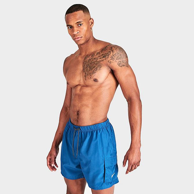Front view of Men's Nike Packable Cargo Volley 5-Inch Swim Shorts in Dark Marina Blue Click to zoom