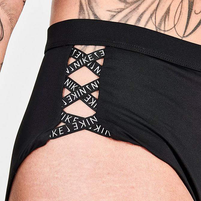 On Model 6 view of Women's Nike Sneakerkini High-Waisted Cheeky Bikini Bottoms in Black Click to zoom