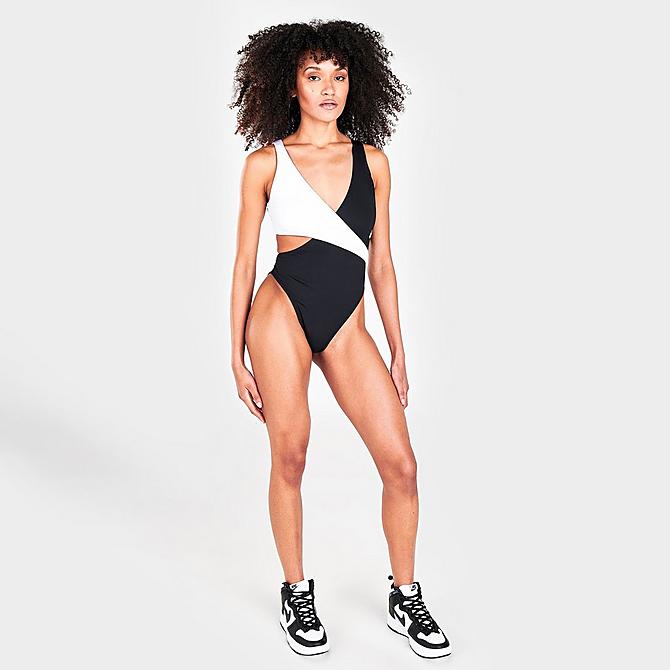 Front Three Quarter view of Women's Nike Color Block Crossover One-Piece Swimsuit in Black Click to zoom