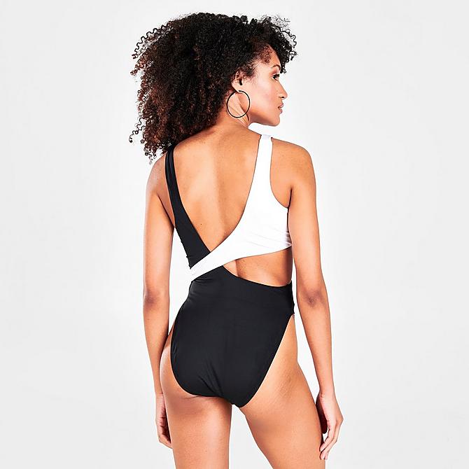 Back Right view of Women's Nike Color Block Crossover One-Piece Swimsuit in Black Click to zoom