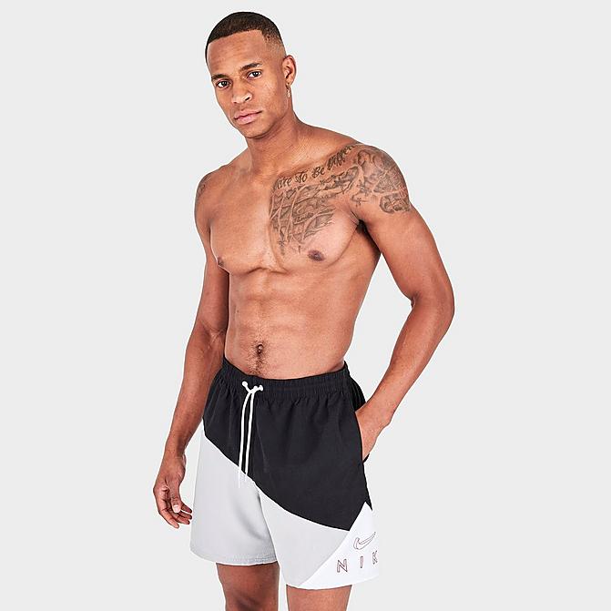 Front view of Men's Nike Logo Jackknife 7-Inch Volley Swim Shorts in Black/White/Grey Click to zoom