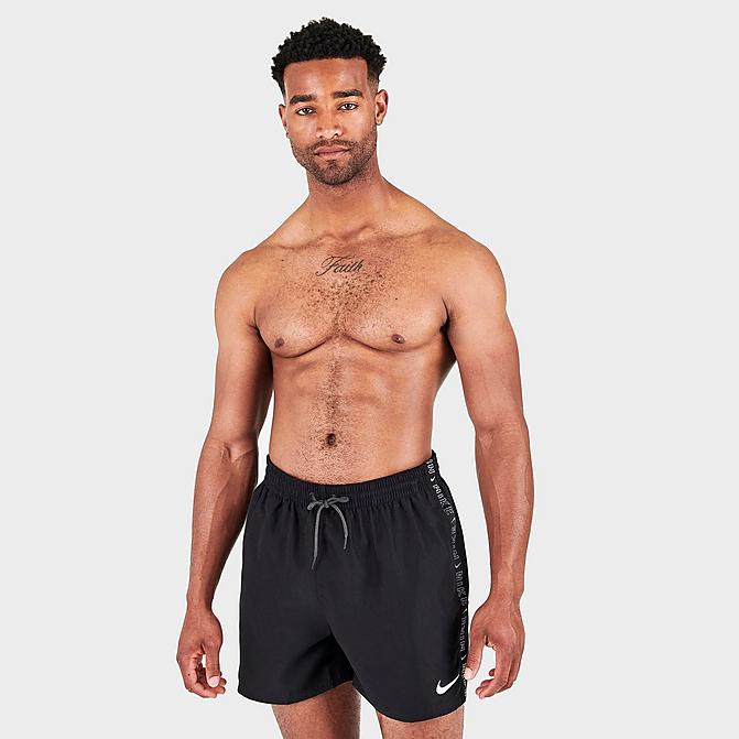 Front view of Men's Nike Swoosh Logo Taped 5-Inch Volley Swim Shorts in Black Click to zoom
