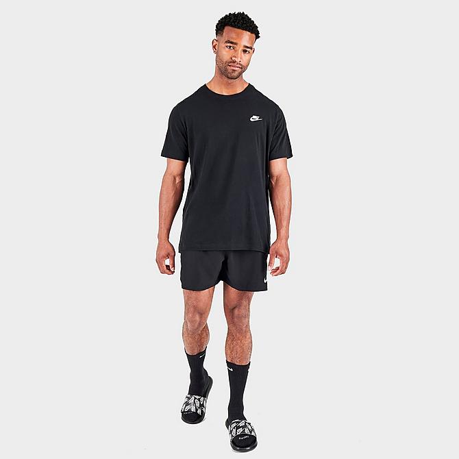 Front Three Quarter view of Men's Nike Swoosh Logo Taped 5-Inch Volley Swim Shorts in Black Click to zoom