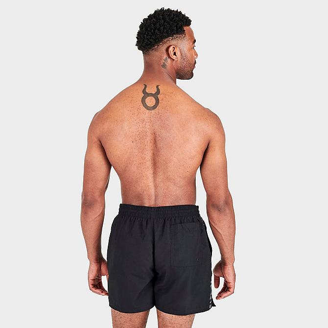 Back Right view of Men's Nike Swoosh Logo Taped 5-Inch Volley Swim Shorts in Black Click to zoom