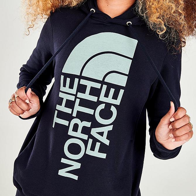 On Model 6 view of Women's The North Face Trivert Logo Pullover Hoodie in Navy Click to zoom