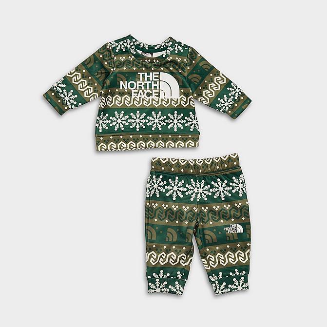 Front view of Girls' Infant The North Face Surgent Crewneck Sweatshirt and Jogger Pants Set in Night Green Halfdome Fairisle Print Click to zoom