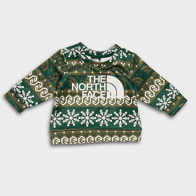 Front Three Quarter view of Girls' Infant The North Face Surgent Crewneck Sweatshirt and Jogger Pants Set in Night Green Halfdome Fairisle Print Click to zoom