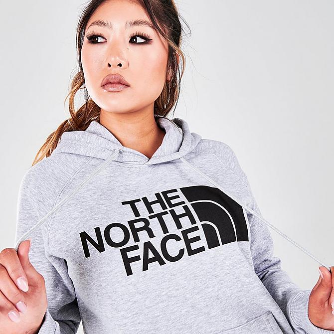On Model 5 view of Women's The North Face Half Dome Pullover Hoodie in Light Grey Heather Click to zoom