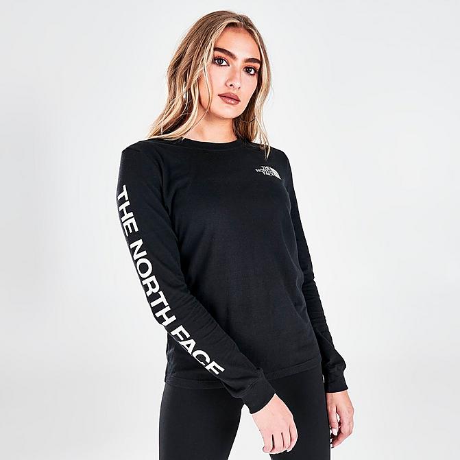 Front view of Women's The North Face Long-Sleeve T-Shirt in Black/White Click to zoom