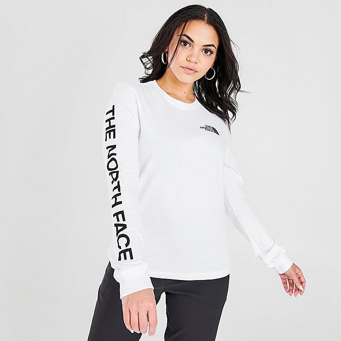 Front view of Women's The North Face Long-Sleeve T-Shirt in White/Black Click to zoom