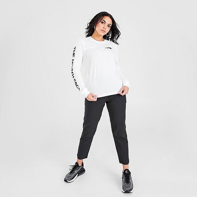 Front Three Quarter view of Women's The North Face Long-Sleeve T-Shirt in White/Black Click to zoom