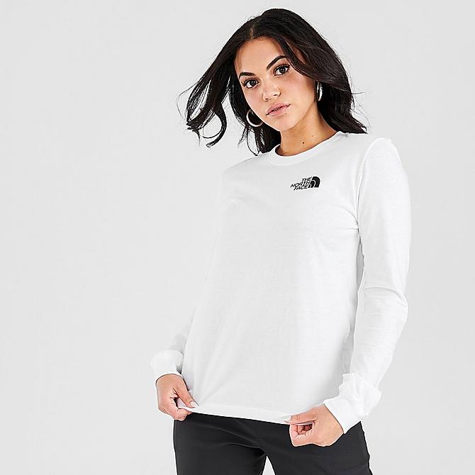 Back Left view of Women's The North Face Long-Sleeve T-Shirt in White/Black Click to zoom