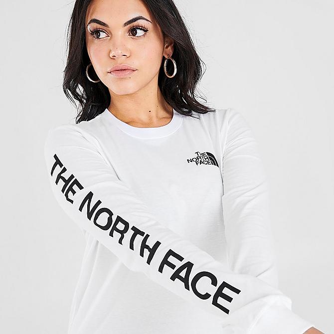 On Model 5 view of Women's The North Face Long-Sleeve T-Shirt in White/Black Click to zoom