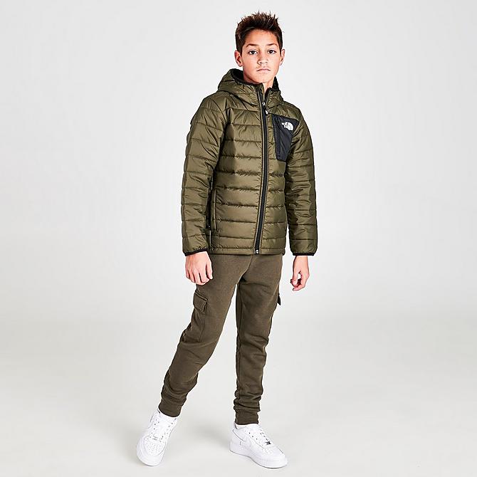 Front Three Quarter view of Boys' The North Face Padded Jacket in New Taupe Green/TNF Black Click to zoom