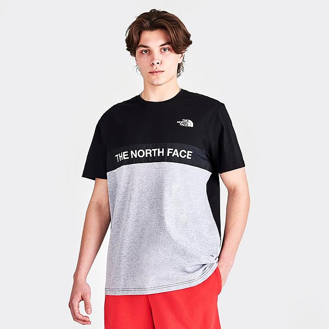 Front view of Men's The North Face Color-Block Short-Sleeve T-Shirt in Black/Grey Click to zoom