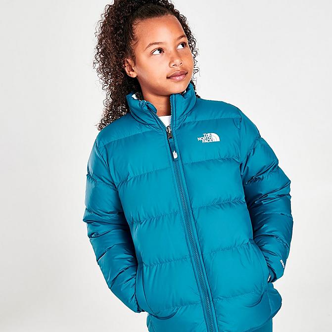 Front view of Girls' The North Face Andes Reversible Jacket in Deep Lagoon Click to zoom