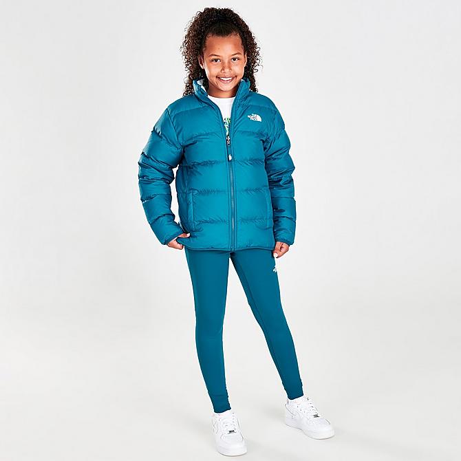 Front Three Quarter view of Girls' The North Face Andes Reversible Jacket in Deep Lagoon Click to zoom