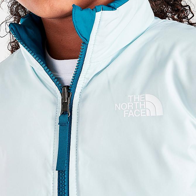 On Model 5 view of Girls' The North Face Andes Reversible Jacket in Deep Lagoon Click to zoom