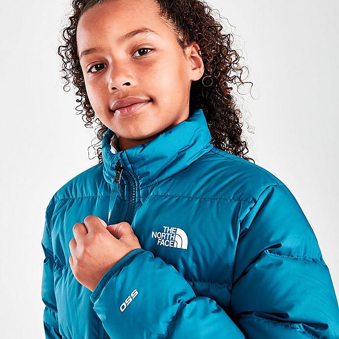 On Model 6 view of Girls' The North Face Andes Reversible Jacket in Deep Lagoon Click to zoom