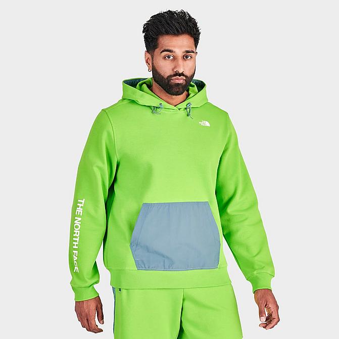 Front view of Men's The North Face Tech Pullover Hoodie in Safety Green/Multicolor Click to zoom