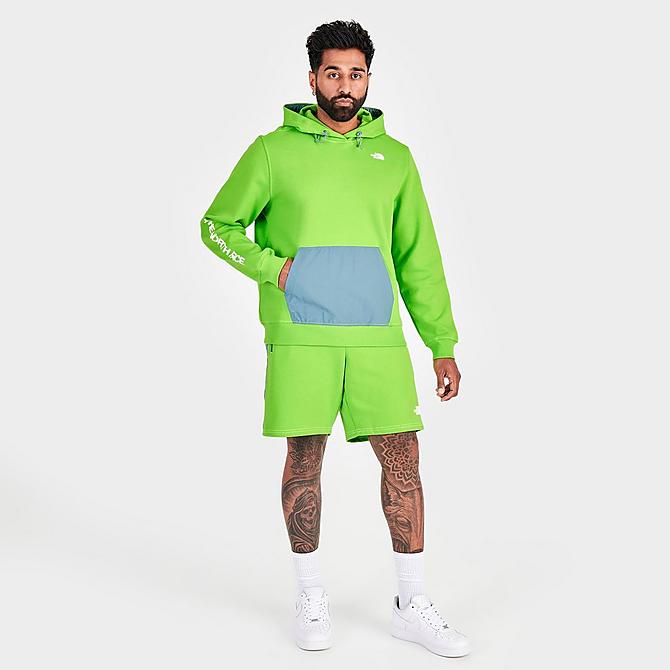 Front Three Quarter view of Men's The North Face Tech Pullover Hoodie in Safety Green/Multicolor Click to zoom