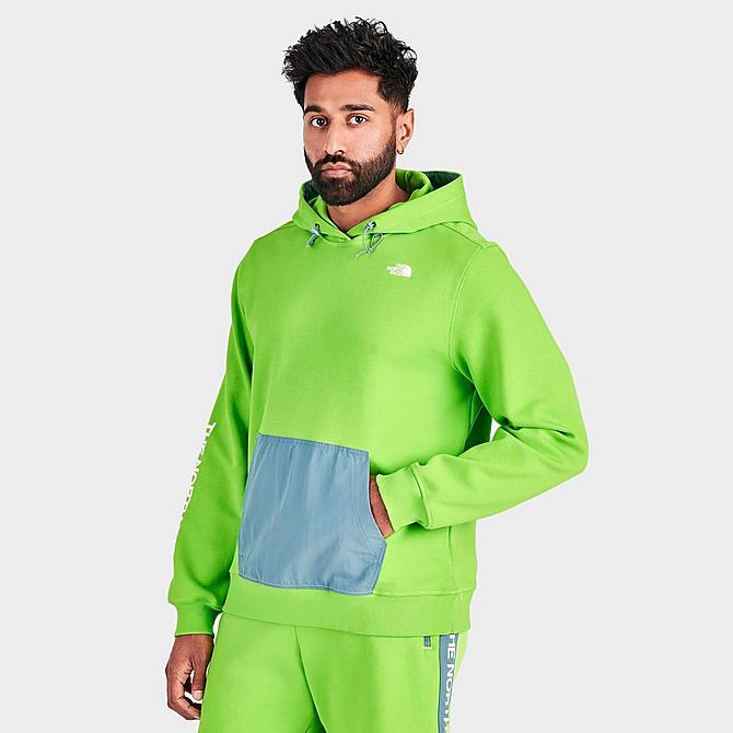 Back Left view of Men's The North Face Tech Pullover Hoodie in Safety Green/Multicolor Click to zoom