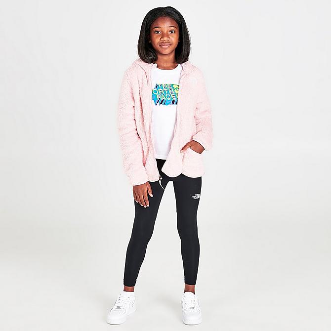 Front Three Quarter view of Girls' The North Face Suave Oso Hooded Full-Zip Jacket in Peach Pink Click to zoom