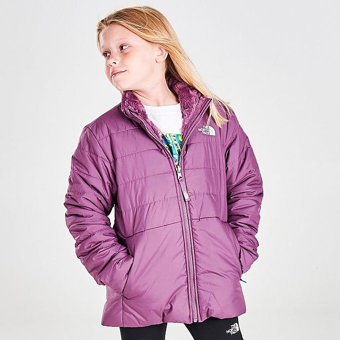 Front view of Girls' The North Face Mossbud Swirl Reversible Jacket in Pikes Purple Click to zoom