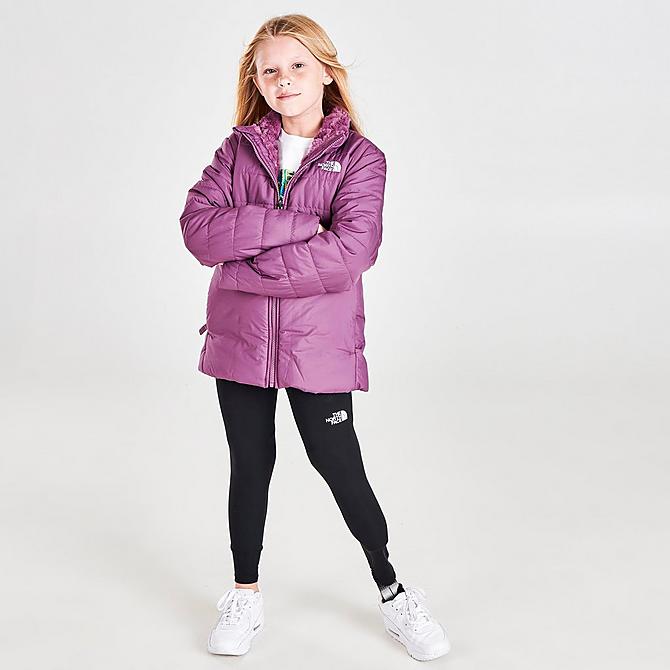 Front Three Quarter view of Girls' The North Face Mossbud Swirl Reversible Jacket in Pikes Purple Click to zoom