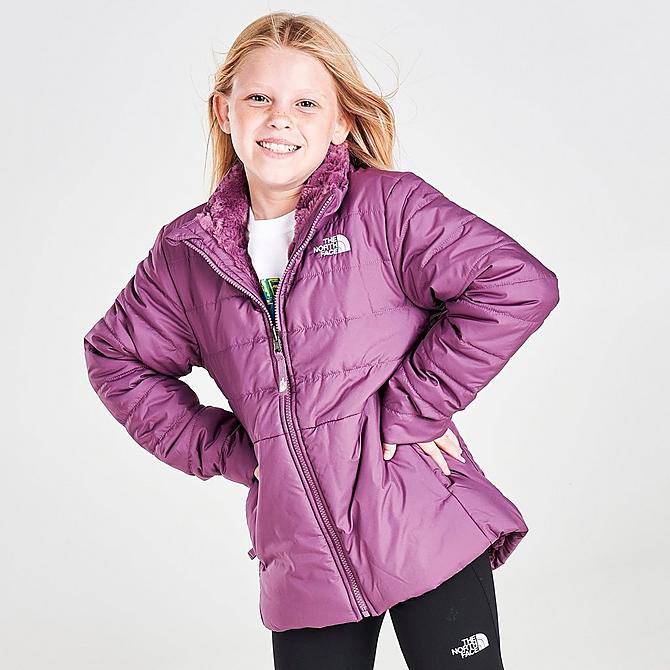 Back Left view of Girls' The North Face Mossbud Swirl Reversible Jacket in Pikes Purple Click to zoom