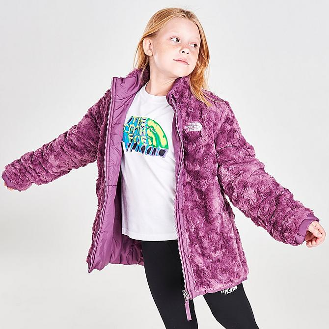 Back Right view of Girls' The North Face Mossbud Swirl Reversible Jacket in Pikes Purple Click to zoom