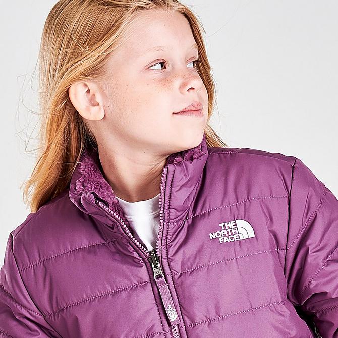 On Model 6 view of Girls' The North Face Mossbud Swirl Reversible Jacket in Pikes Purple Click to zoom
