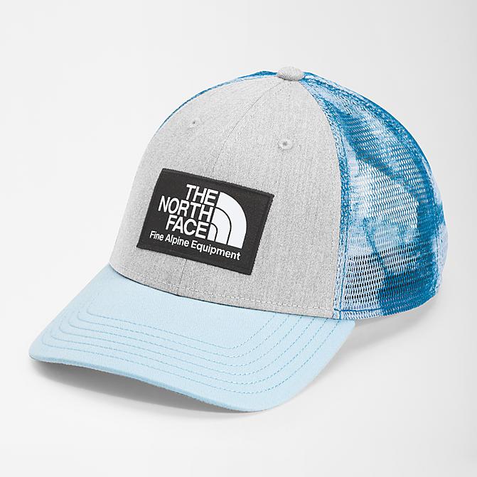 Right view of The North Face Mudder Trucker Snapback Hat in TNF Light Grey Heather/Beta Blue Click to zoom