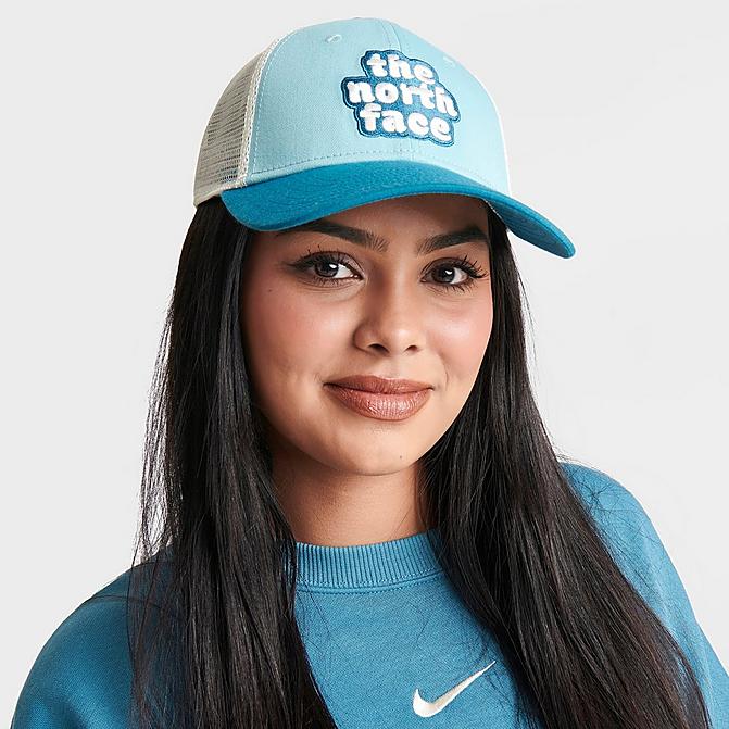 Right view of The North Face Mudder Trucker Snapback Hat in Reef Waters/Coral Blue Click to zoom