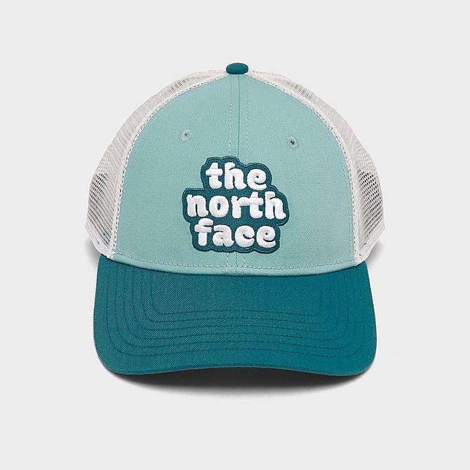 Three Quarter view of The North Face Mudder Trucker Snapback Hat in Reef Waters/Coral Blue Click to zoom