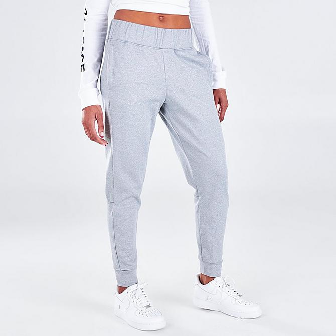 Front Three Quarter view of Women's The North Face Exploration Fleece Jogger Pants in Light Grey Heather Click to zoom