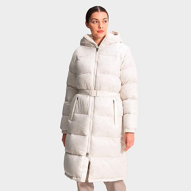 Front view of Women's The North Face Nuptse Belted Long Parka in Gardenia White/Silver Grey Leopard Print Click to zoom