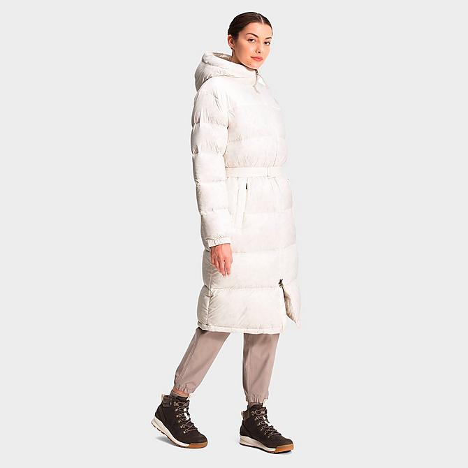 Back Left view of Women's The North Face Nuptse Belted Long Parka in Gardenia White/Silver Grey Leopard Print Click to zoom