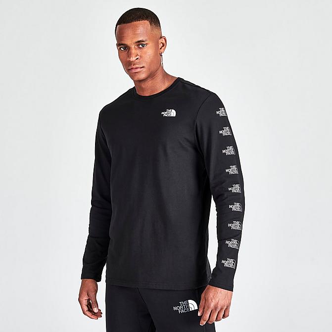 Front view of Men's The North Face Repeat Logo Long-Sleeve T-Shirt in Black Click to zoom