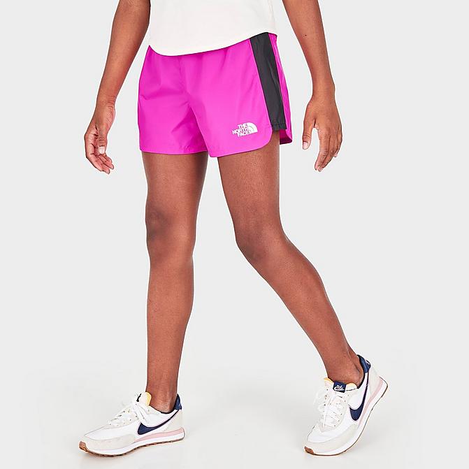 Front view of Girls' The North Face Never Stop Run Training Shorts in Linaria Pink Click to zoom