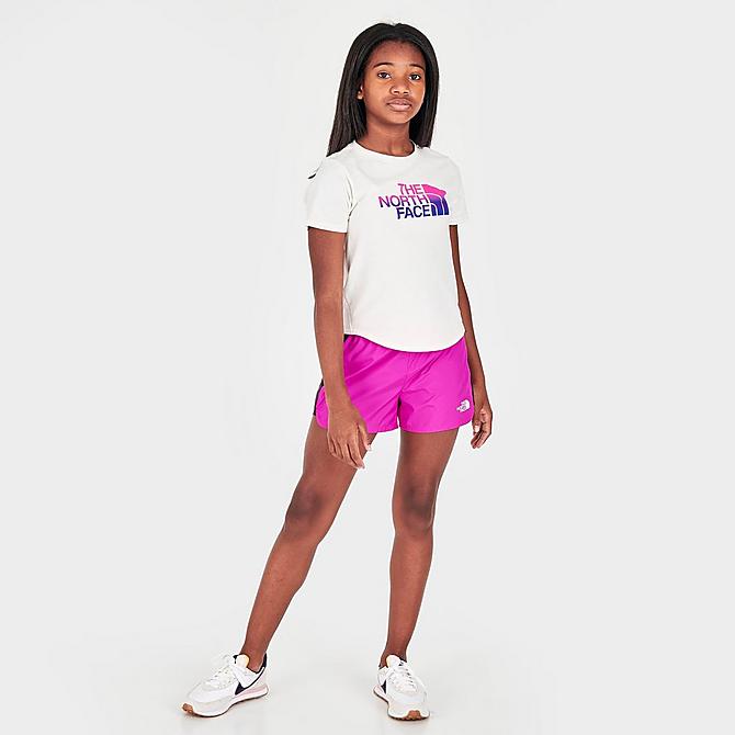 Front Three Quarter view of Girls' The North Face Never Stop Run Training Shorts in Linaria Pink Click to zoom